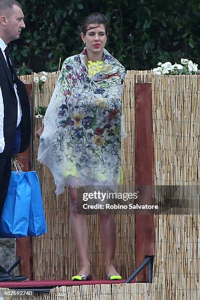 Charlotte Casiraghi arrives at Pierre Casiraghi and Beatrice Borromeo Wedding Ceremony on August 1, 2015 in Verbania, Italy.