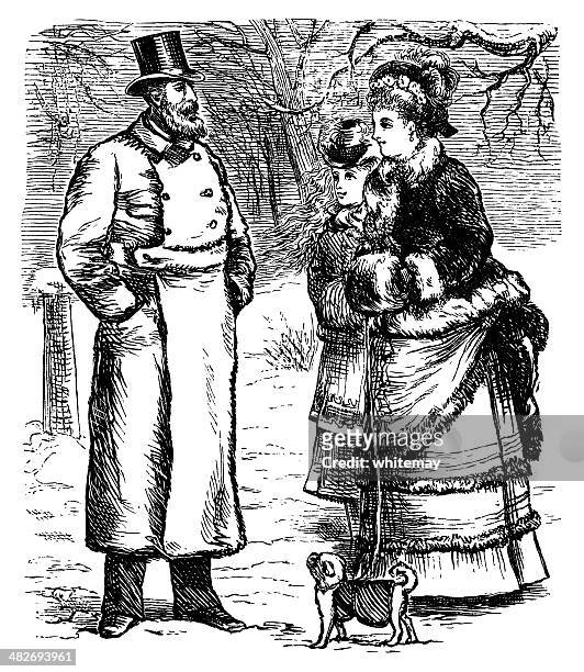 ilustrações, clipart, desenhos animados e ícones de victorian pessoas conversando em um parque de inverno - regalo