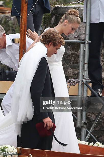 Pierre Casiraghi and Beatrice Borromeo leave Isola Madre to attend their Wedding Ceremony on August 1, 2015 in Stresa, Italy.