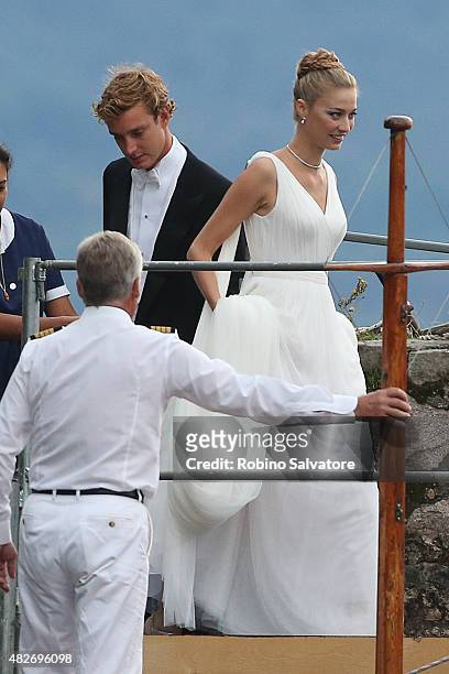 Pierre Casiraghi and Beatrice Borromeo leave Isola Madre to attend their Wedding Ceremony on August 1, 2015 in Stresa, Italy.