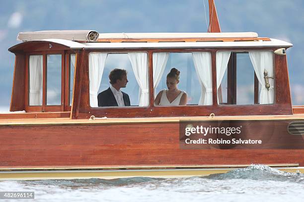 Pierre Casiraghi and Beatrice Borromeo leave Isola Madre to attend their Wedding Ceremony on August 1, 2015 in Stresa, Italy.