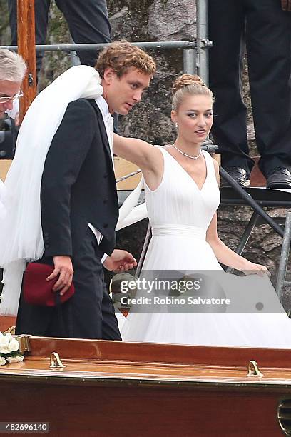 Pierre Casiraghi and Beatrice Borromeo leave Isola Madre to attend their Wedding Ceremony on August 1, 2015 in Stresa, Italy.