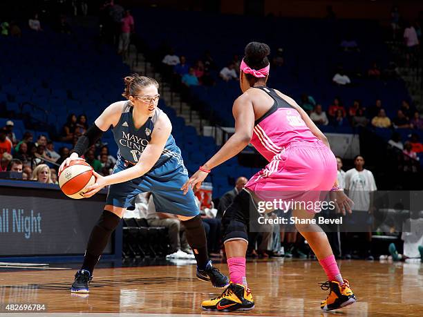 Lindsay Whalen of the Minnesota Lynx handles the ball against the Tulsa Shock on August 1, 2015 at the BOK Center in Tulsa, Oklahoma. NOTE TO USER:...