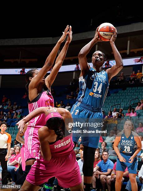Sylvia Fowles of the Minnesota Lynx shoots the ball against the Tulsa Shock on August 1, 2015 at the BOK Center in Tulsa, Oklahoma. NOTE TO USER:...