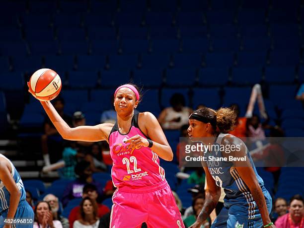 Plenette Pierson of the Tulsa Shock handles the ball against the Minnesota Lynx on August 1, 2015 at the BOK Center in Tulsa, Oklahoma. NOTE TO USER:...