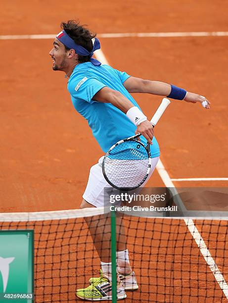 Fabio Fognini of Italy celebrates winning the third set against James Ward of Great Britain during day one of the Davis Cup World Group Quarter Final...