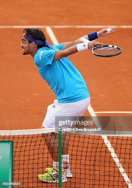 Fabio Fognini of Italy celebrates winning the third set against James Ward of Great Britain during day one of the Davis Cup World Group Quarter Final...