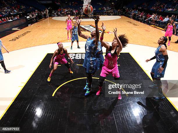 Sylvia Fowles of the Minnesota Lynx grabs the rebound against the Tulsa Shock on August 1, 2015 at the BOK Center in Tulsa, Oklahoma. NOTE TO USER:...