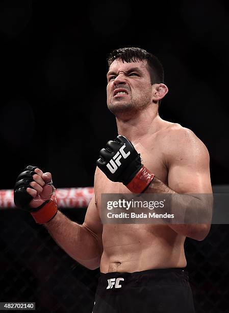Demian Maia of Brazil celebrates victory over Neil Magny of the United States in their welterweight bout during the UFC 190 Rousey v Correia at HSBC...