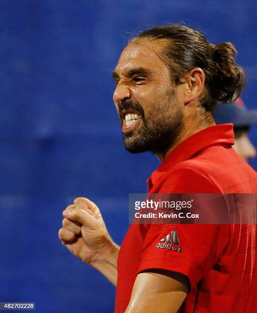 Marcos Baghdatis of Cyrpus reacts after defeating Gilles Muller of Luxembourg during the BB&T Atlanta Open at Atlantic Station on August 1, 2015 in...