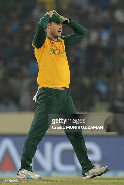 South Africa cricket captain Faf du Plessis gestures during the ICC World Twenty20 cricket tournament second semi-final match between India and South...