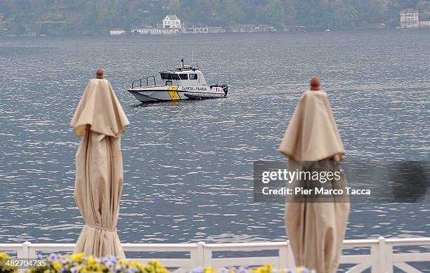 Guardia di Finanza boats sit on Lake Como by the hotel Villa d' Este, the venue for the Ambrosetti Workshop on April 4, 2014 in Como, Italy.The...