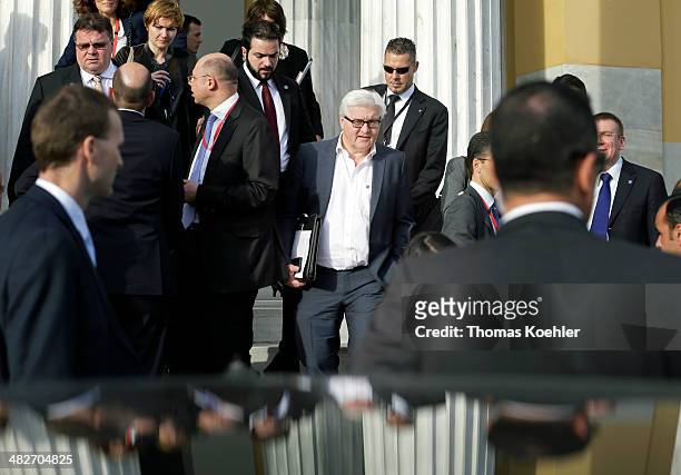 German Foreign Minister Frank-Walter Steinmeier leaves an Informal Meeting of Foreign Affairs Ministers at the Zappeion Hall on April 04, 2014 in...
