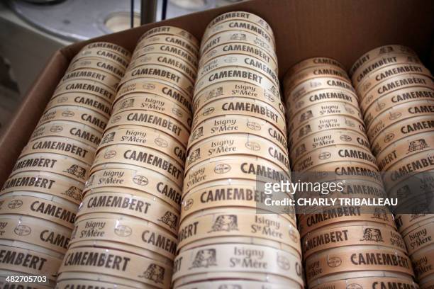 Boxes for packaging French Camembert cheese are pictured at the Isigny-Sainte-Mere dairy co-operative in Isigny-sur-Mer, northwestern France, on...