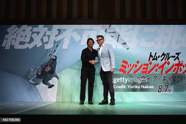 Tom Cruise and Christopher McQuarrie attend the Japan Press Conference of 'Mission: Impossible - Rogue Nation' at the Peninsula Hotel Ballroom on...