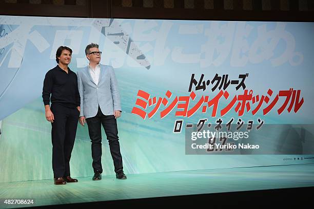 Tom Cruise and Christopher McQuarrie attend the Japan Press Conference of 'Mission: Impossible - Rogue Nation' at the Peninsula Hotel Ballroom on...