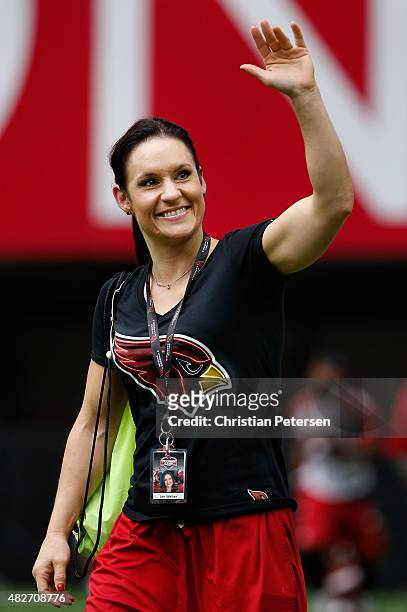 Intern linebacker coach Jen Welter of the Arizona Cardinals arrives to the team training camp at University of Phoenix Stadium on August 1, 2015 in...