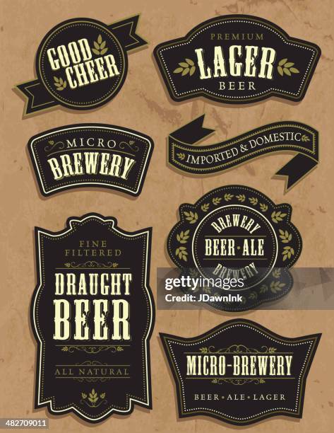 set of seven vintage retro beer labels with sample text - mild seven stock illustrations