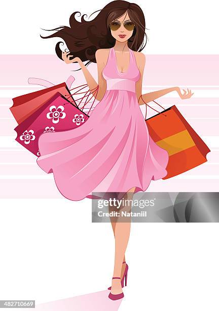 shopping mädchen - braunes haar stock-grafiken, -clipart, -cartoons und -symbole