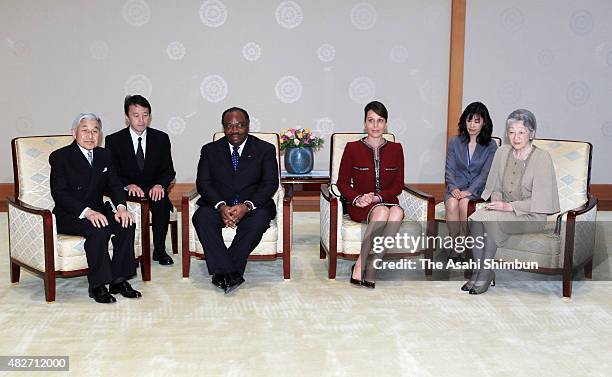 Emperor Akihito and Empress Michiko talk with Gabon President Ali Bongo Ondimba and his wife Sylvia Valentin during their meeting at the Imperial...