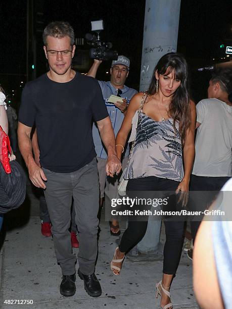 Matt Damon and his wife Luciana Damon are seen leaving a restaurant on July 31, 2015 in Los Angeles, California.