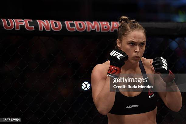 Ronda Rousey of the United States looks on prior to her bantamweight title fight Bethe Correia of Brazil during the UFC 190 Rousey v Correia at HSBC...