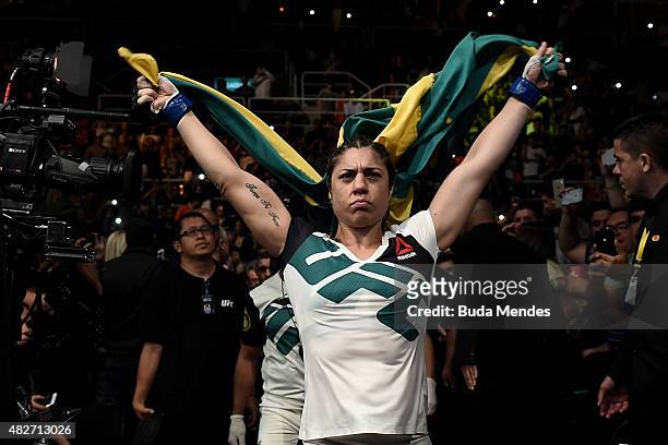 Bethe Correia of Brazil prepares to enter the octagon prior to her bantamweight title fight against Ronda Rousey of the United States during the UFC...