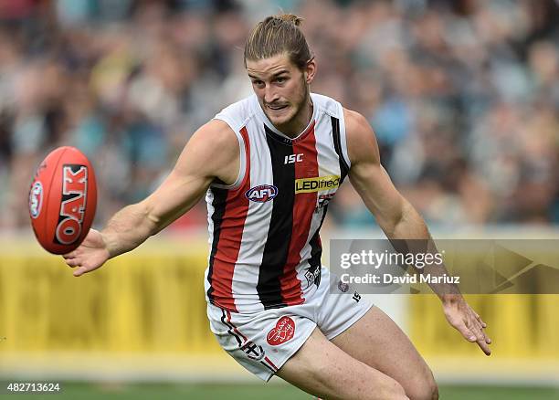 Josh Bruce of the Saints during the round 18 AFL match between the Port Adelaide Power and the St Kilda Saints at Adelaide Oval on August 2, 2015 in...