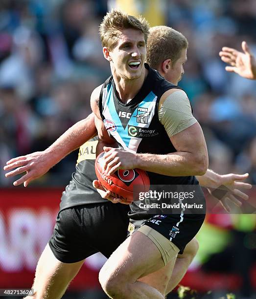 Hamish Hartlett of the Power during the round 18 AFL match between the Port Adelaide Power and the St Kilda Saints at Adelaide Oval on August 2, 2015...