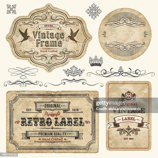 ilustraciones, imágenes clip art, dibujos animados e iconos de stock de vintage etiquetas - old fashioned