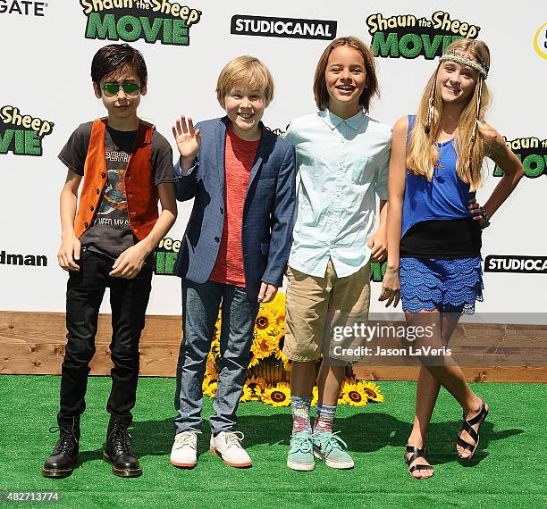 Aidan Gallagher, Casey Simpson, Mace Coronel and Lizzy Greene attend a screening of Lionsgate's "Shaun The Sheep Movie" at Regency Village Theatre on...