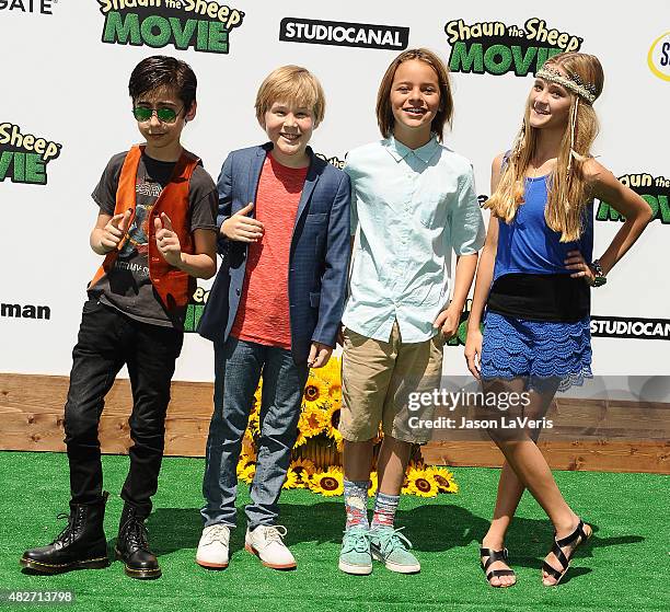 Aidan Gallagher, Casey Simpson, Mace Coronel and Lizzy Greene attend a screening of Lionsgate's "Shaun The Sheep Movie" at Regency Village Theatre on...