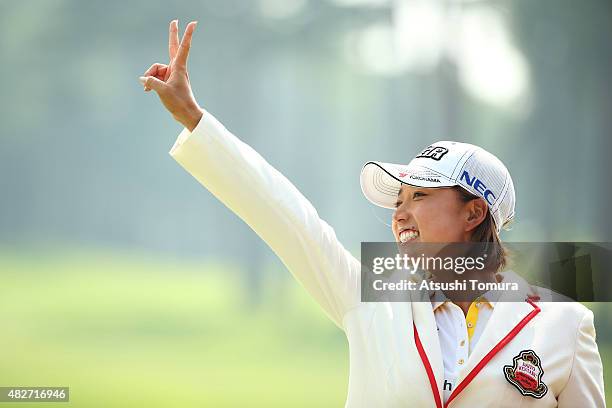 Erina Hara of Japan poses after winning the Daito Kentaku Eheyanet Ladies 2015 at the Narusawa Golf Club on August 2, 2015 in Narusawa, Japan.