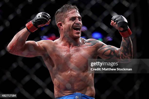 Reginaldo Vieira of Brazil celebrates his win over Dileno Lopes of Brazil in their bantamweight bout during the UFC 190 Rousey v Correia at HSBC...