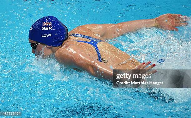 Jemma Lowe of Great Britain competes in the Women's 100m Butterfly Heats on day nine of the 16th FINA World Championships at the Kazan Arena on...