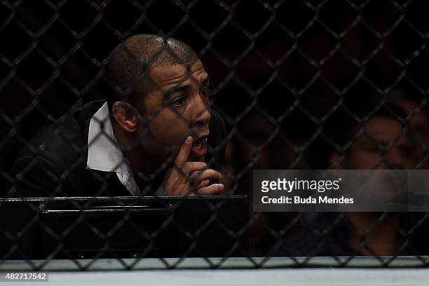 Featherweight Champion Jose Aldo watches the fights during the UFC 190 Rousey v Correia at HSBC Arena on August 1, 2015 in Rio de Janeiro, Brazil.