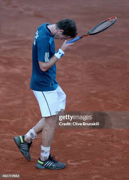 Andy Murray of Great Britain shows his frustrations against Andreas Seppi of Italy during day one of the Davis Cup World Group Quarter Final match...