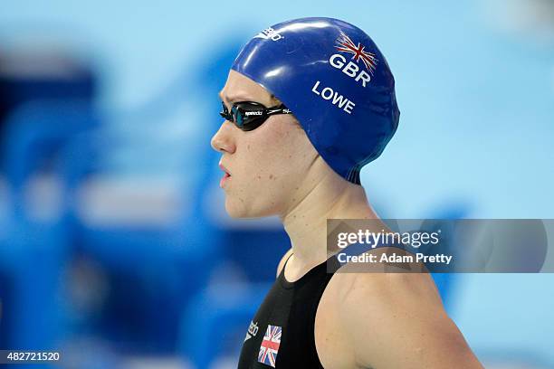 Jemma Lowe of Great Britain looks on in the Women's 100m Butterfly Heats on day nine of the 16th FINA World Championships at the Kazan Arena on...