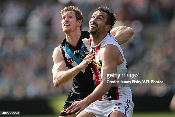 Matthew Lobbe of the Power competes with Billy Longer of the Saints during the 2015 AFL round 18 match between Port Adelaide Power and the St Kilda...