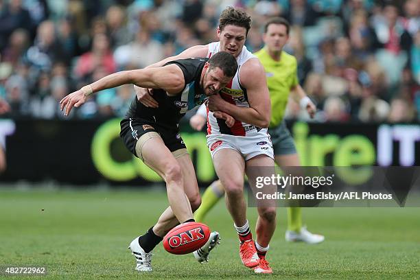 Travis Boak of the Power competes with Jack Steven of the Saints during the 2015 AFL round 18 match between Port Adelaide Power and the St Kilda...