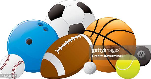 sport ball pile - bowlingkugel stock-grafiken, -clipart, -cartoons und -symbole