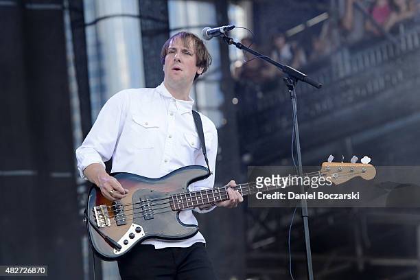 Jimmy Dixon of Django Django performs on stage during Lollapalooza 2015 at Grant Park on August 1, 2015 in Chicago, United States.