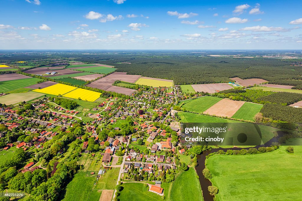 Aerial view of suburban area and agricultural land in Germany