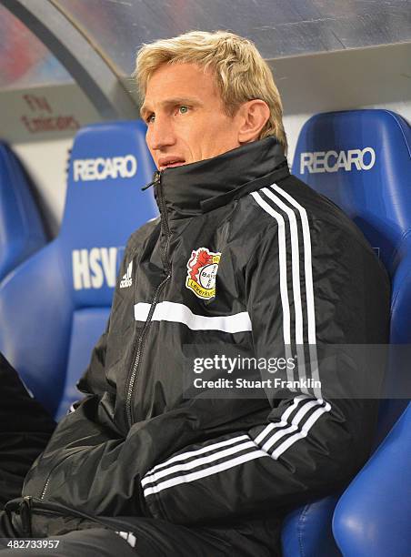 Sami Hyypia, head coach of Leverkusen looks on during the Bundesliga match between Hamburger SV and Bayer Leverkusen at Imtech Arena on April 4, 2014...