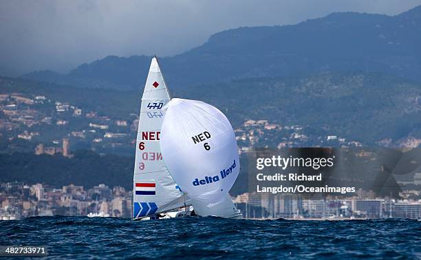 Michelle Broekhuizen and Marieke Jongens from the Dutch Sailing Team sail their 470 during day five of the ISAF Sailing World Cup on April 04, 2014...
