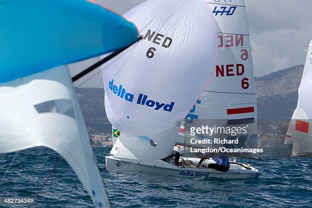 Michelle Broekhuizen and Marieke Jongens from the Dutch Sailing Team sail their 470 during day five of the ISAF Sailing World Cup on April 04, 2014...