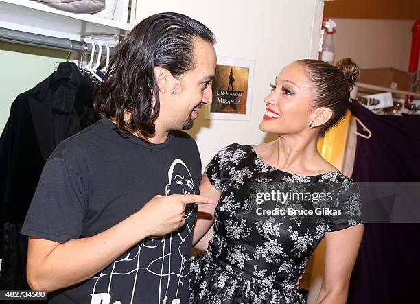 Composer/Lyricist/Star Lin-Manuel Miranda and Jennifer Lopez chat backstage at the hit new musical "Hamilton" on Broadway at The Richard Rogers...