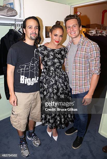 Composer/Lyrics/Star Lin-Manuel Miranda, Jennifer Lopez and Jonathan Groff pose backstage at the hit new musical "Hamilton" on Broadway at The...