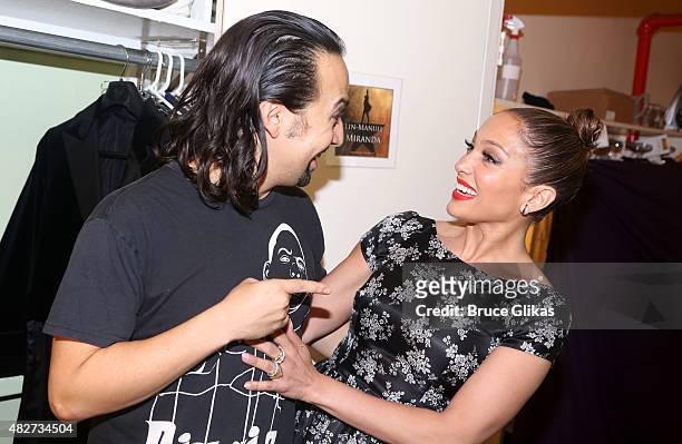 Composer/Lyricist/Star Lin-Manuel Miranda and Jennifer Lopez chat backstage at the hit new musical "Hamilton" on Broadway at The Richard Rogers...
