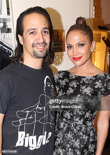 Composer/Lyricist/Star Lin-Manuel Miranda and Jennifer Lopez pose backstage at the hit new musical "Hamilton" on Broadway at The Richard Rogers...